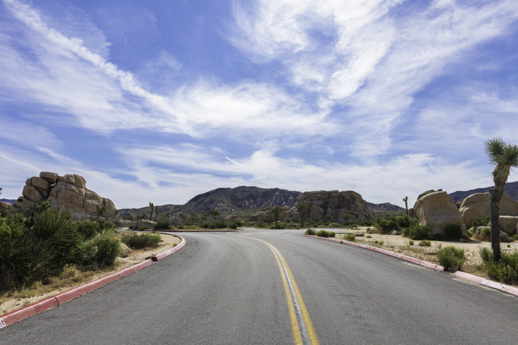 A road leads into an empty parking lot surrounded by Joshua trees and boulders.